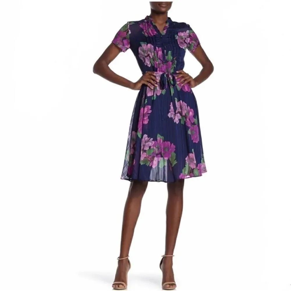 Nanette Lepore navy blue and pink floral dress 6